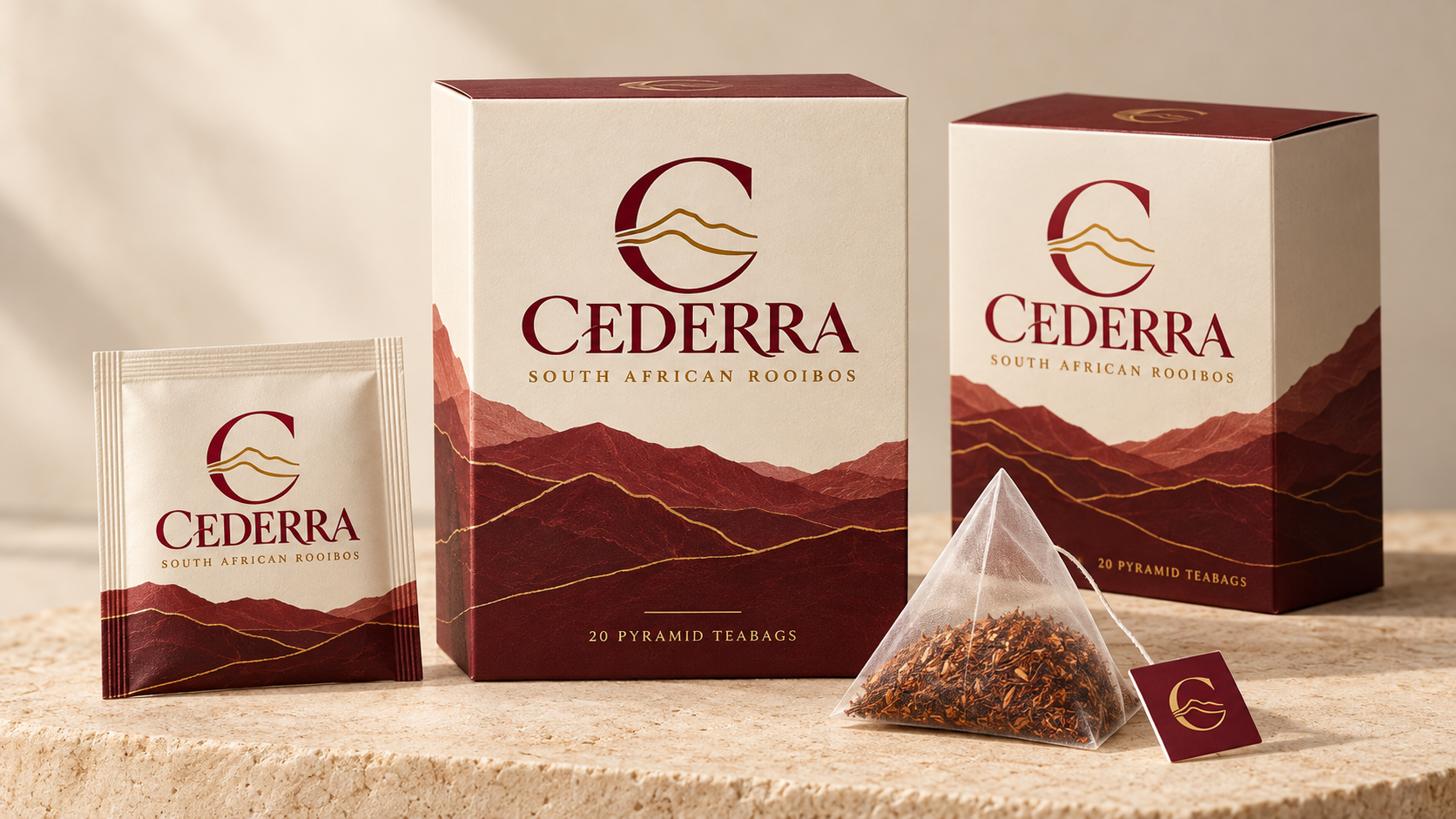 Proposed CEDERRA rooibos packaging with pyramid teabag presentation